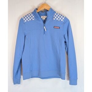 Vineyard Vines Womens Small Blue Gingham Quarter Zip Pullover Sweatshirt Cotton